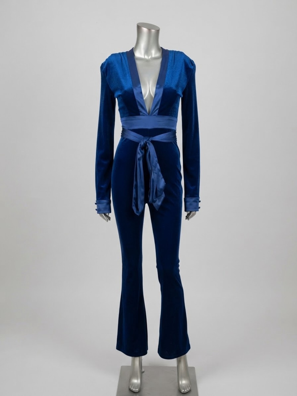 Miss Circle XS Blue Velvet Jumpsuit Plunge Neck Satin Belt Flare Leg Party